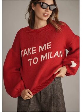 Maeve Red Crewneck Sweater with White 'Take Me to Milan' Intarsia